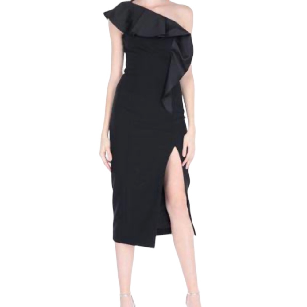 Michael Kors COLLECTION Black One Shoulder Ruffled Midi Dress with Slit NEW